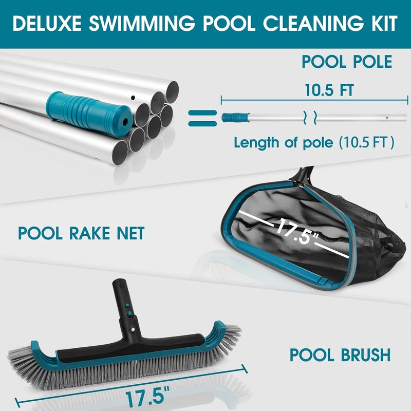 POOLWHALE Swimming Pool Cleaning Kit - Aluminum Frame Skimmer Net with 10Ft Adjustable Pole & 17.5” Pool Brush Head, Pools Maintenance Kits for Inground & Above Ground Swimming Pools, Removes Debris - Image 2